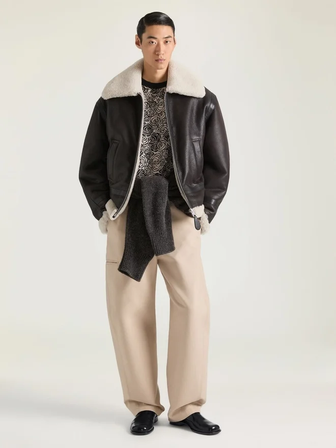 Couture-søm Aviator-blouson i skinn og shearling Couture-søm Aviator-blouson i skinn og shearling