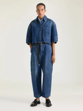 Kort kokongskjorte i mellomblå denim