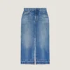Midilang bukseskjørt i mellomblå denim Midilang bukseskjørt i mellomblå denim