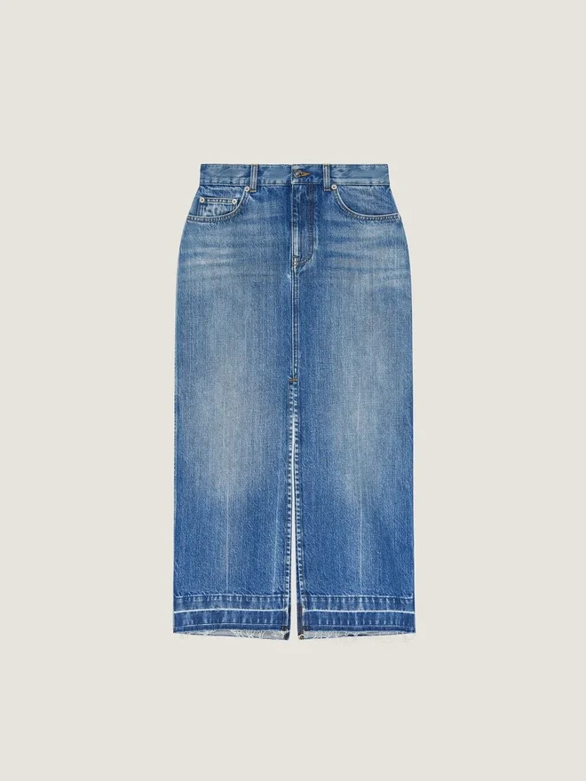 Midilang bukseskjørt i mellomblå denim Midilang bukseskjørt i mellomblå denim